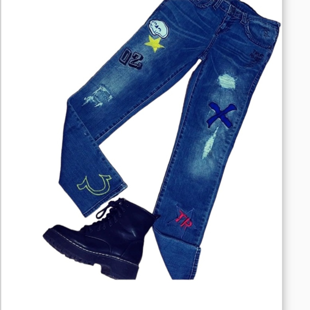 True Religion Skinny Jeans Rocco Painted graffiti dark wash blue Y2K blue